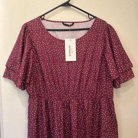 NWT Bloomchic Purple Polkadot Maxi Dress with Double Flutter Sleeves sz 18-20 - Picture 2 of 13